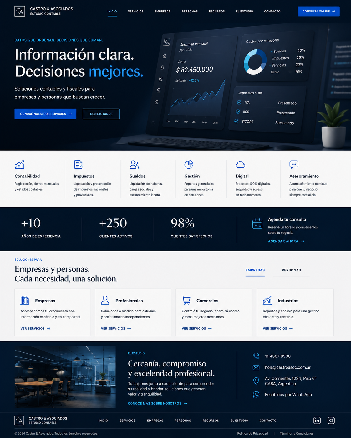 Concepto visual de web profesional para estudio contable